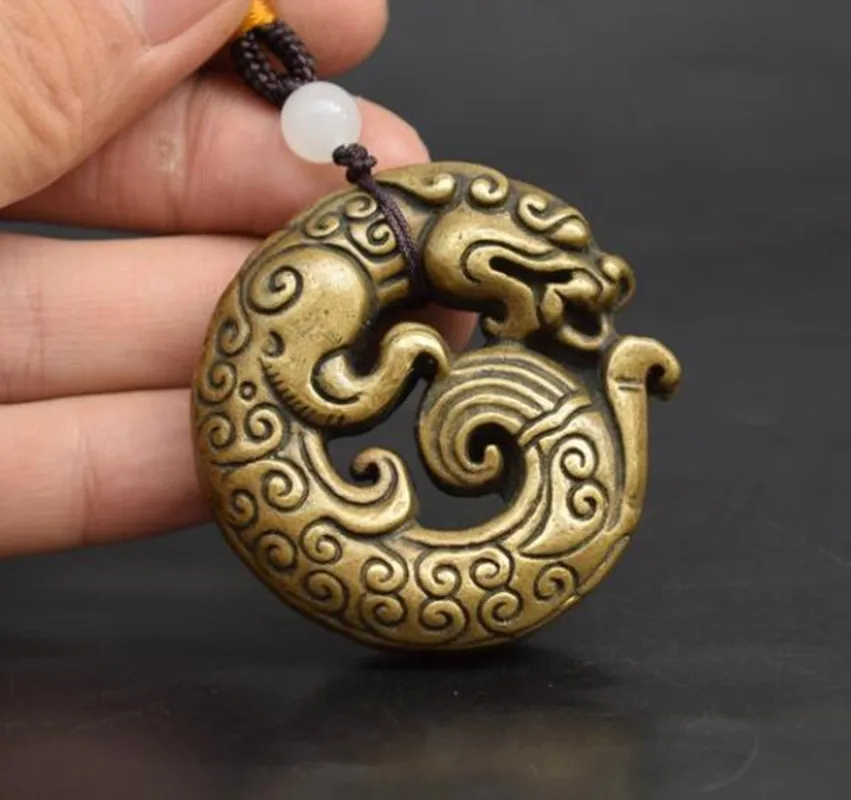 Chinese brass archaize mythical wild animal small pendant statue