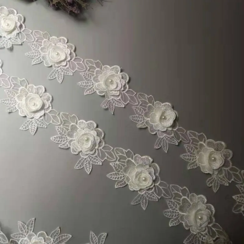 

1 yard Vintage White Polyester Pearl Flower Embroidered Lace Trim Ribbon Fabric Handmade Garment Wedding Dress Sewing Craft