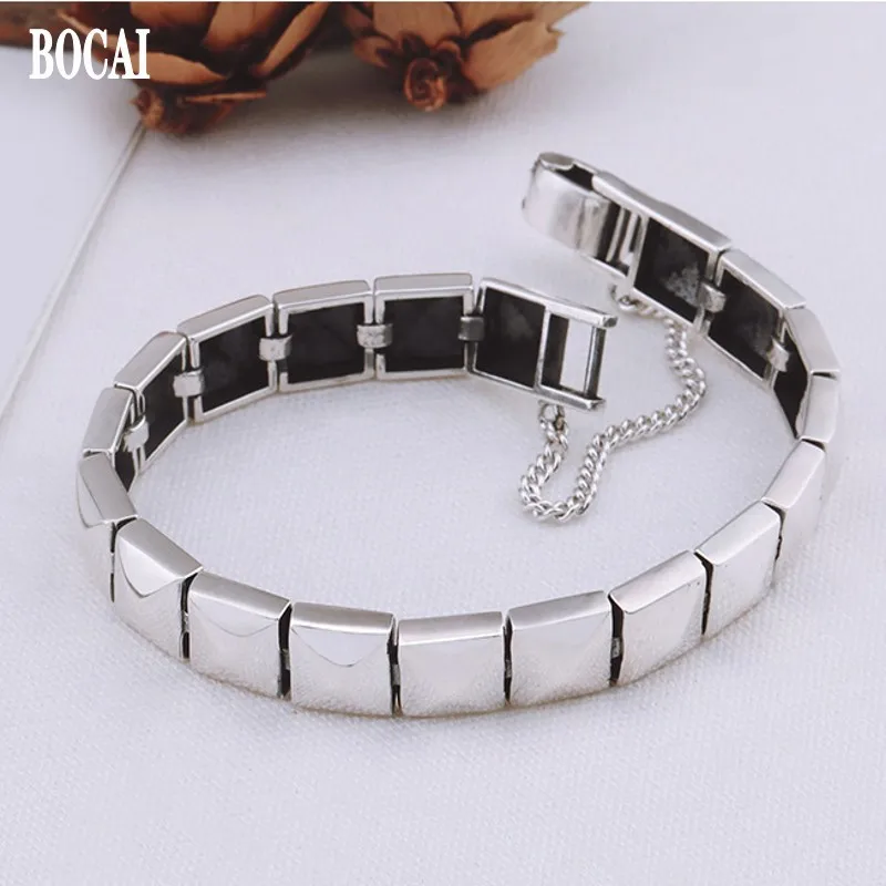 BOCAI 100% s925 Silver Jewelry Retro Geometric Shape 2021 Fashion Trend Personality Punk Dark Square Men's and Women's Bracelet