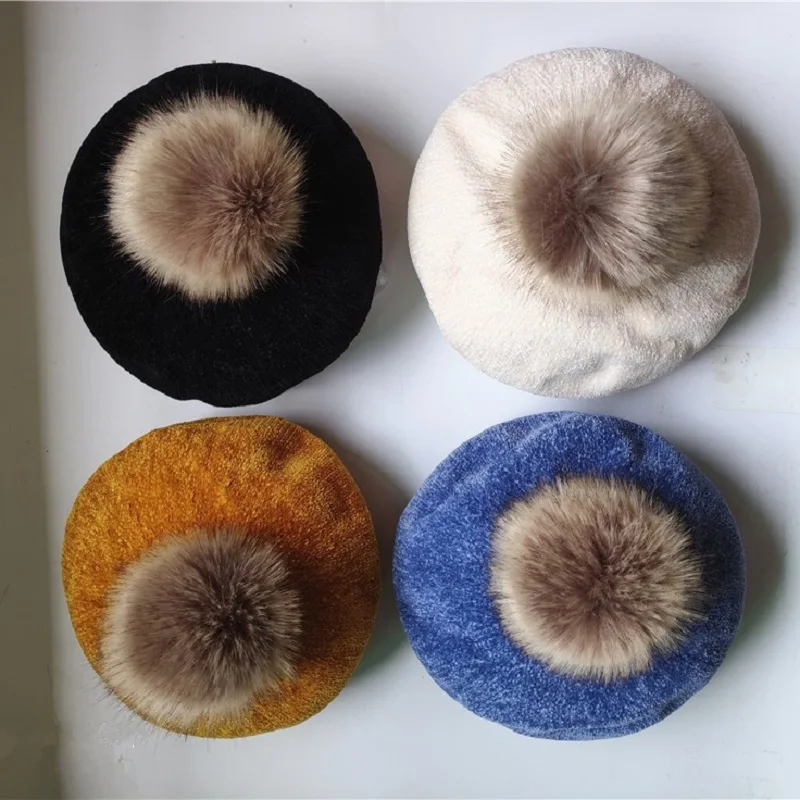 2021 Fashion Winter Children Wool Soft Beret Caps Autumn Women\'s Casual Polyester Fur Pom Pom Beret Caps Hats Gorras