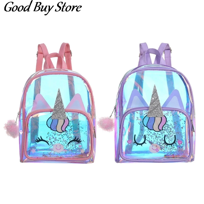 Glitter Sequins Backpacks Transparent PVC Backpack Children Unicorn Schoolbag Purse Kids Jelly School Bags Girls Satchel Mochila