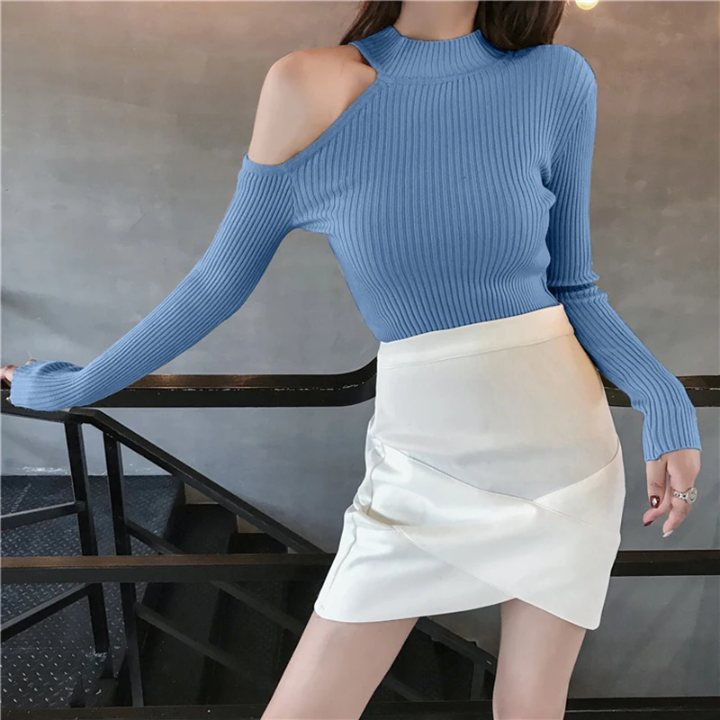 shintimes Off Shoulder Sweater Women Turtleneck Pullovers Long Sleeve 2021 Fall Winter Slim Sexy Knitted High Elastic Pull Femme