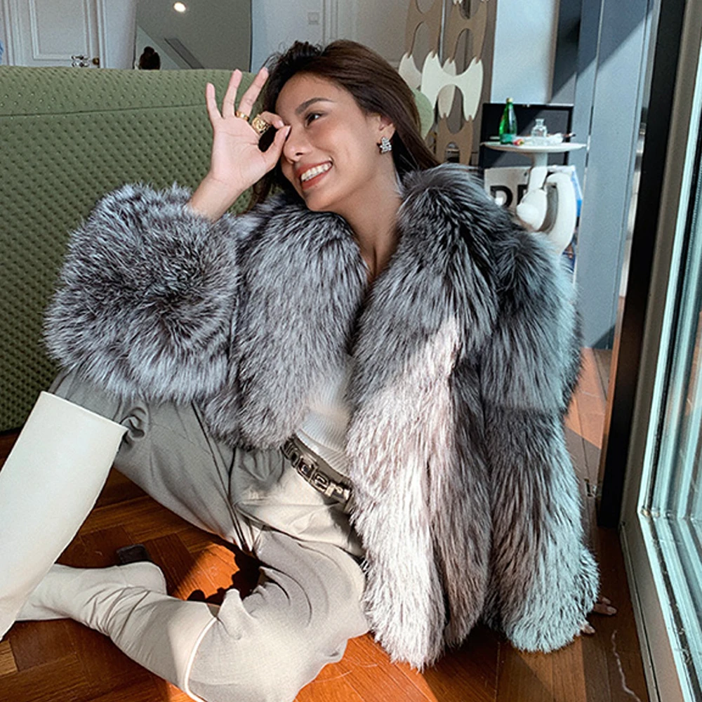 

Real Silver Fox Fur Coat For Women Winter Outwear Woman Fashion High Quality Genuine Silver Fox Fur Jacket With Turn-down Collar