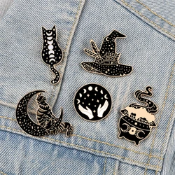 Witches Punk Black Enamel Pins Magical Hat Furnace Moon Cat Brooch Backpack Denim Lapel Pin Badge Dark Gothic Party Jewelry Gift