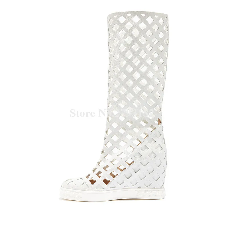 Spring Summer New Fashion Round Toe Cut-out Knee High Wedge Gladiator Boots White Black Suede Long Wedges Causal Shoes