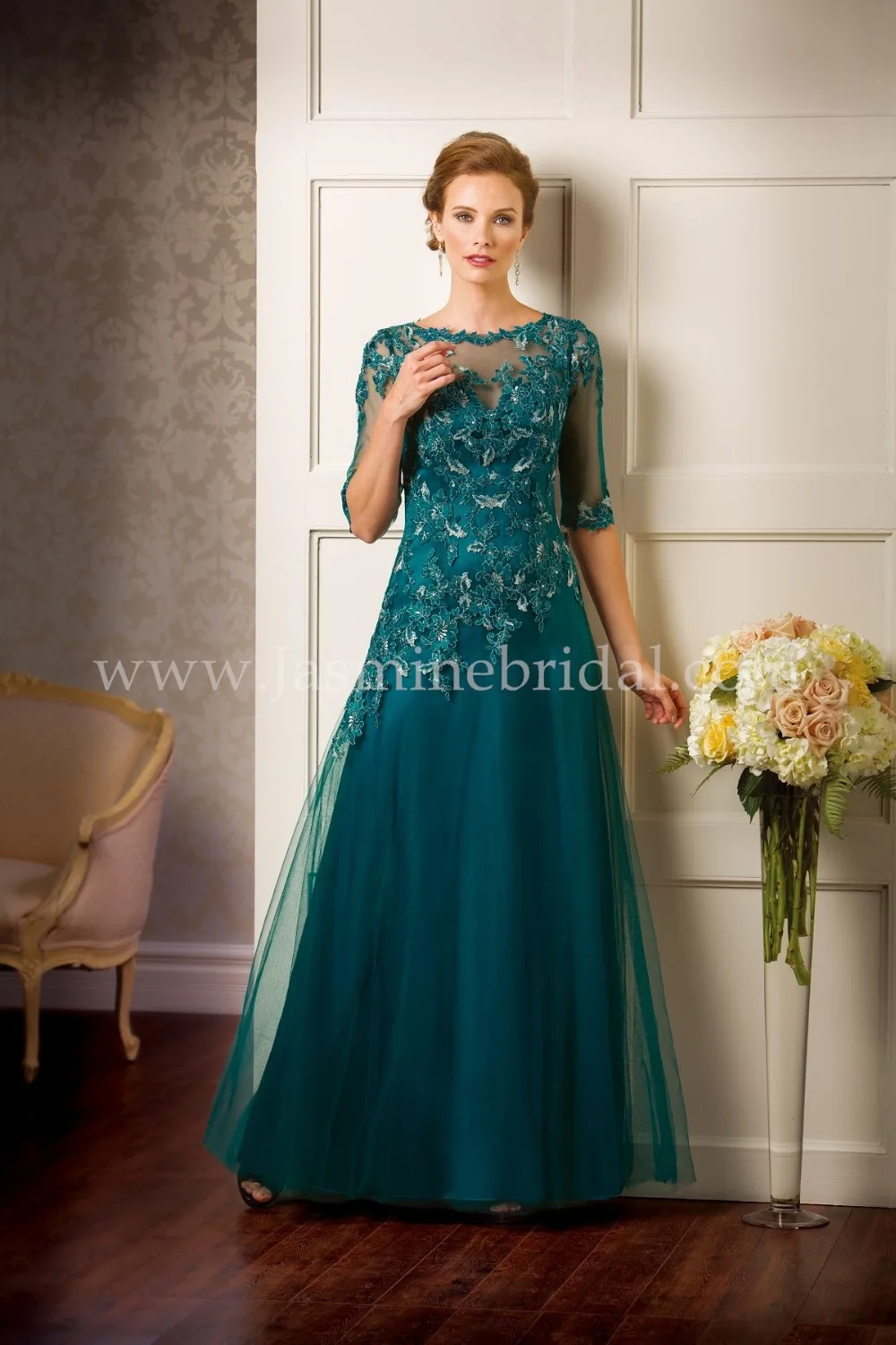 2015ชุดราตรี Teal Plus ขนาดที่กำหนดเองลูกเรือคอ1/2แขนเสื้อ Applique ยาว Tulle ลูกไม้แม่ของชุดเจ้าสาว LA0916