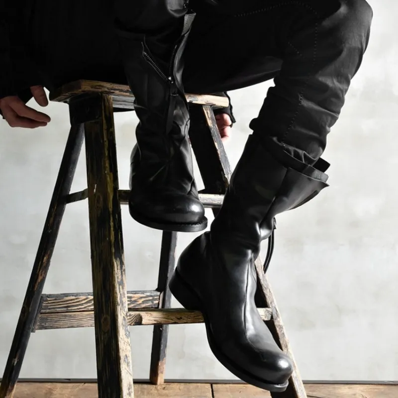 High Quality Designer Asymmetrical 100% Genuine Leather Boots Men Punk Black Cowboy Shoes Fashion Mens Biker Long Boots 35-46
