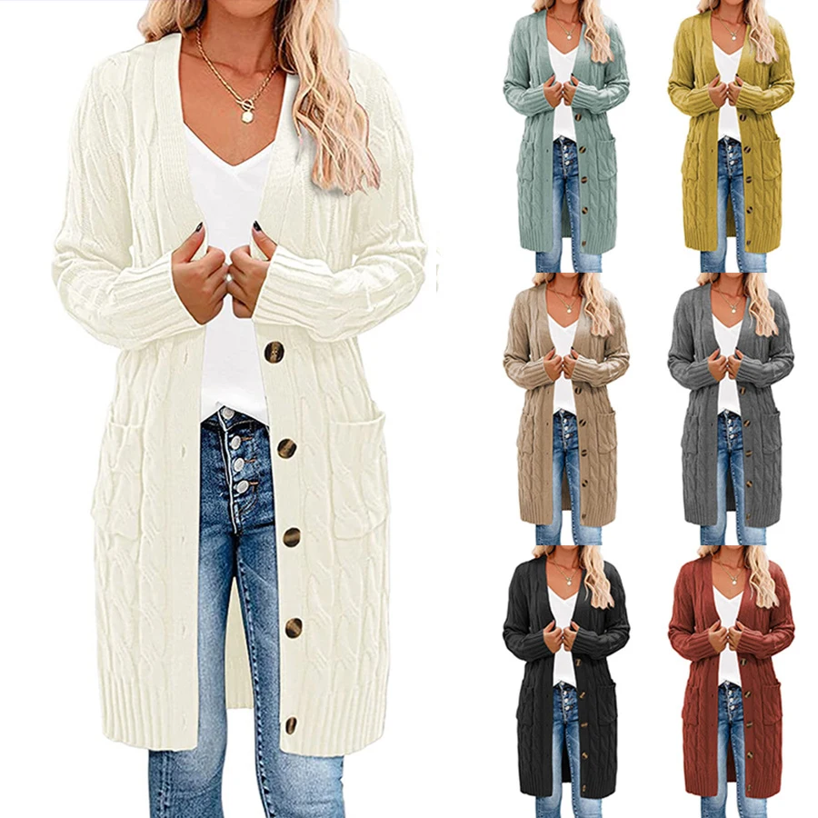 

6 Colors Sweater Casual Jacket Women Long Solid Color Loose-Fitting Button Cardigan Sweater Coat Autumn