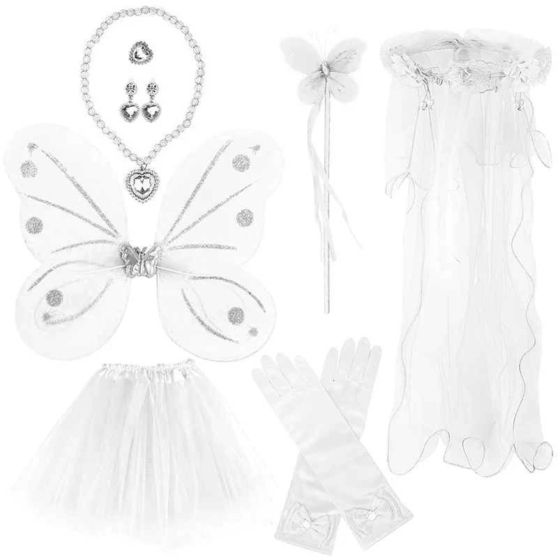 Costume da gioco di ruolo per ragazze di Halloween gonna Tutu in Tulle doppio strato ali di farfalla bacchetta magica copricapo orecchini abito accessorio