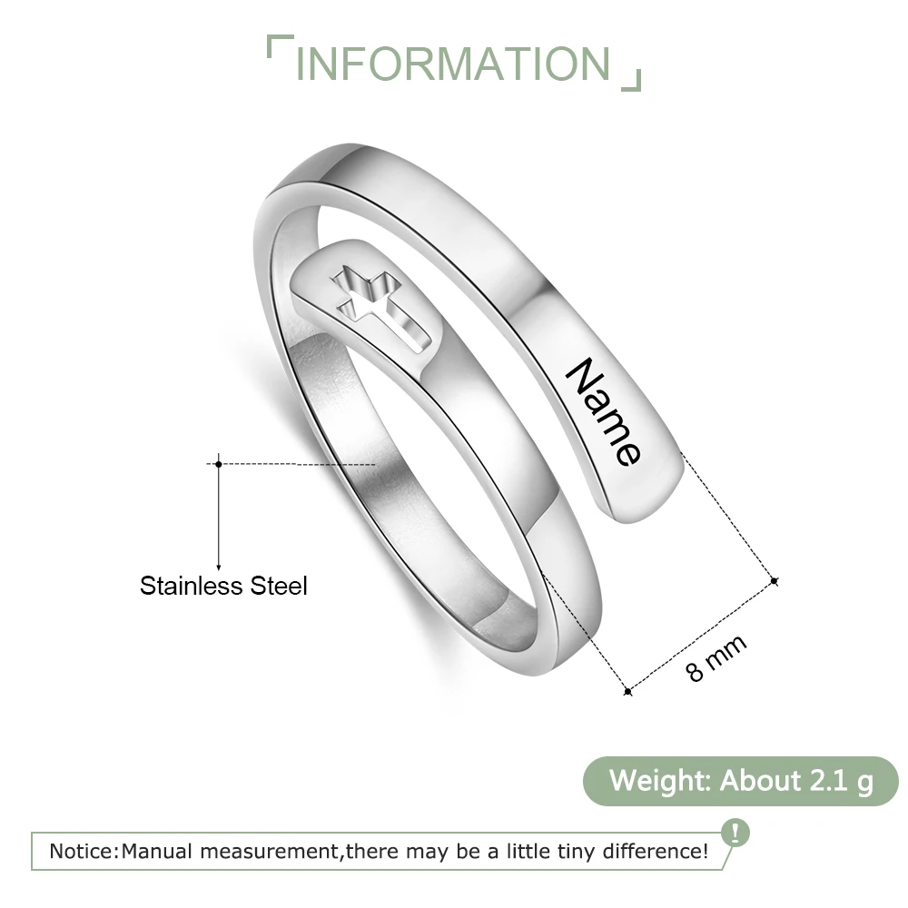 Customized Wrap Name Ring with Cross Resizable Stainless Steel Engraved Rings for Women Personalized Gift Jewelry (RI104061)