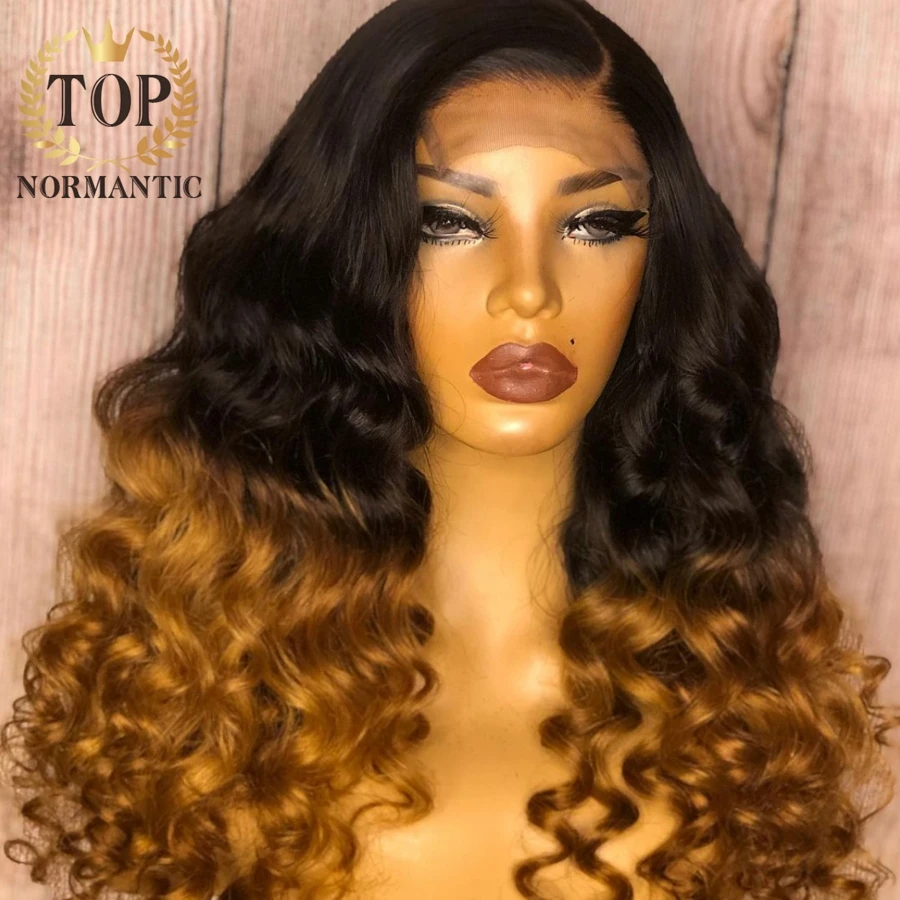 Topnormantic-brasileira Remy peruca de cabelo humano para mulheres, Ombre Color, onda profunda solta, perucas de renda 13x4, linha fina pré arrancada, 250%