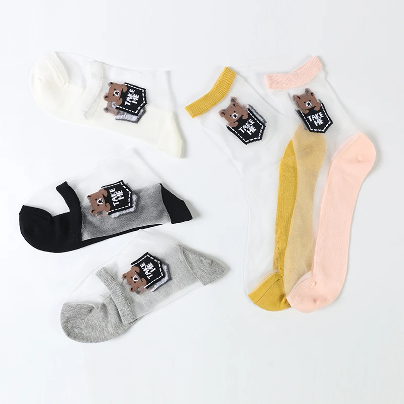 DONGAI 5 Pairs Cute Take Me Bear Socks Women Cartoon Ankle Sock Cotton Transparent Funny Socks Summer Harajuku Calcetines Meias