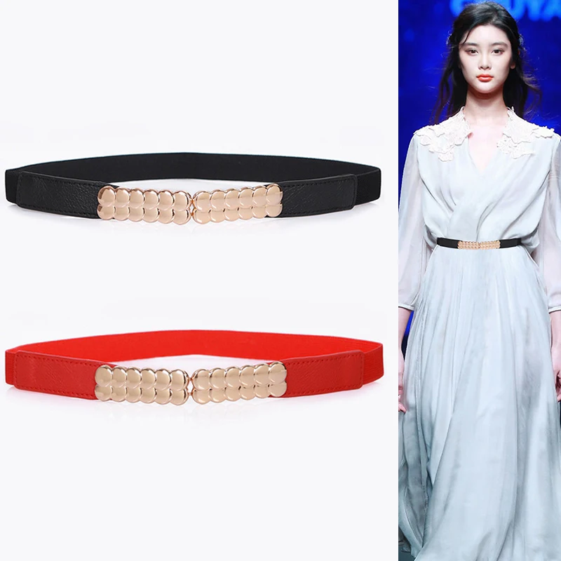 Fashion Women Belts Black Waist Seal Gold Metal Buckle Female Dress Belts Ladies Thin Stretch Waistband Gifts Party Cummerbunds