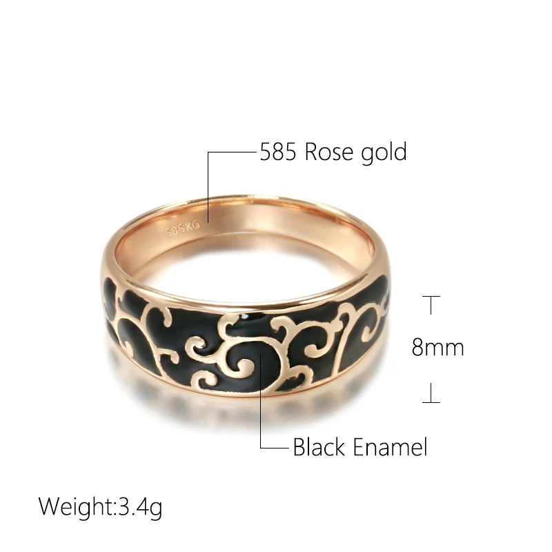 Kinel Luxury 585 Rose Gold Black Enamel Ring Unusual Ethnic Pattern Bride Wedding Rings Creative Fashion Jewelry 2022