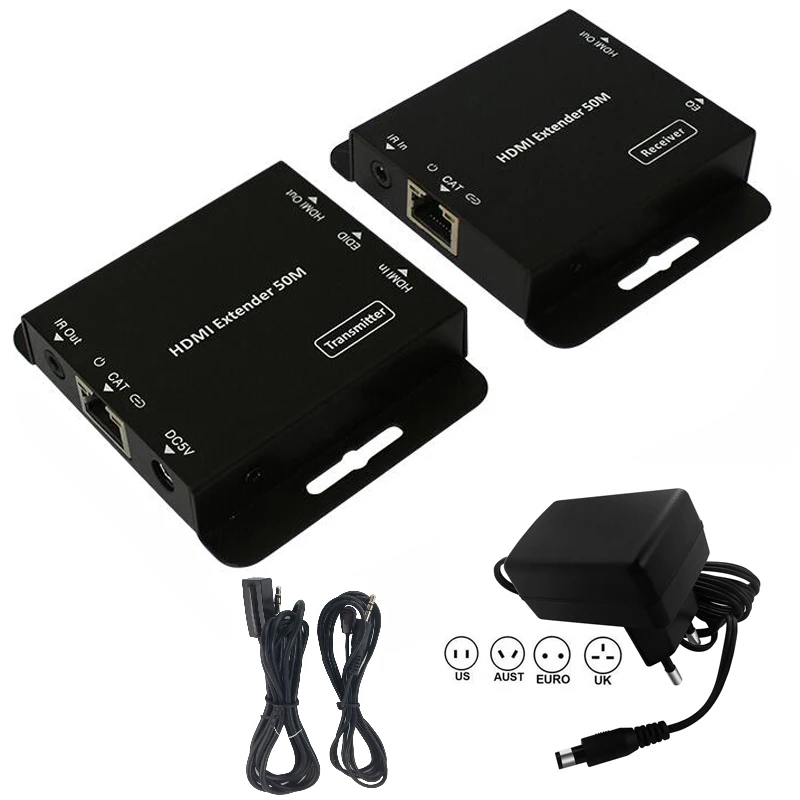 2-port HDMI extender IR POE cat5/6 cable( HDMI ethernet extender+HDMI Loop out ) 1080P with power adapter up to 50M