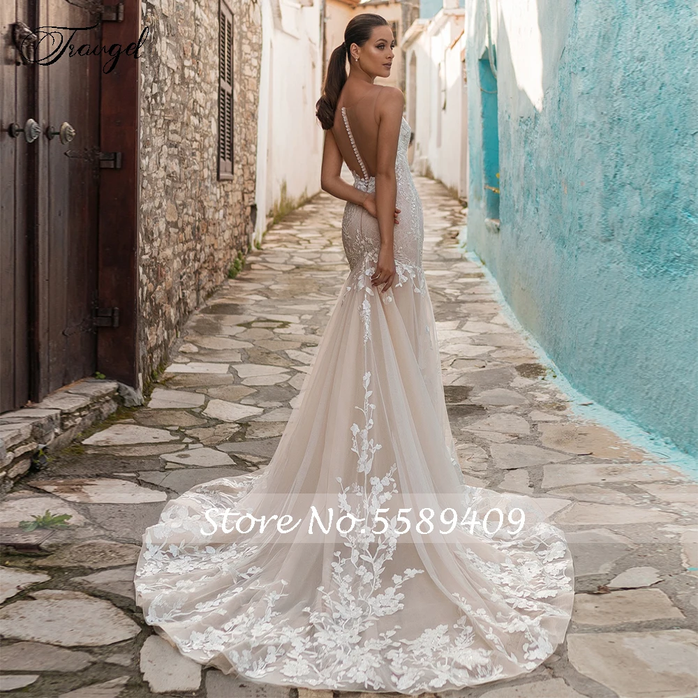 Traugel Sexy Illusion Beaded Lace Mermaid Wedding Dresses Luxury Scoop Neck Appliques Button Court Train Trumpet Bridal Gowns