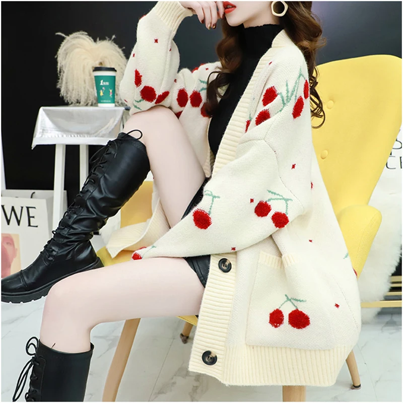 Autumn Fashion Cherries Embroidery Mid-length Cardigans Womens V-Neck Bat Sleeve Pocket Knitting Sweater Coat Loose Ladies Tops