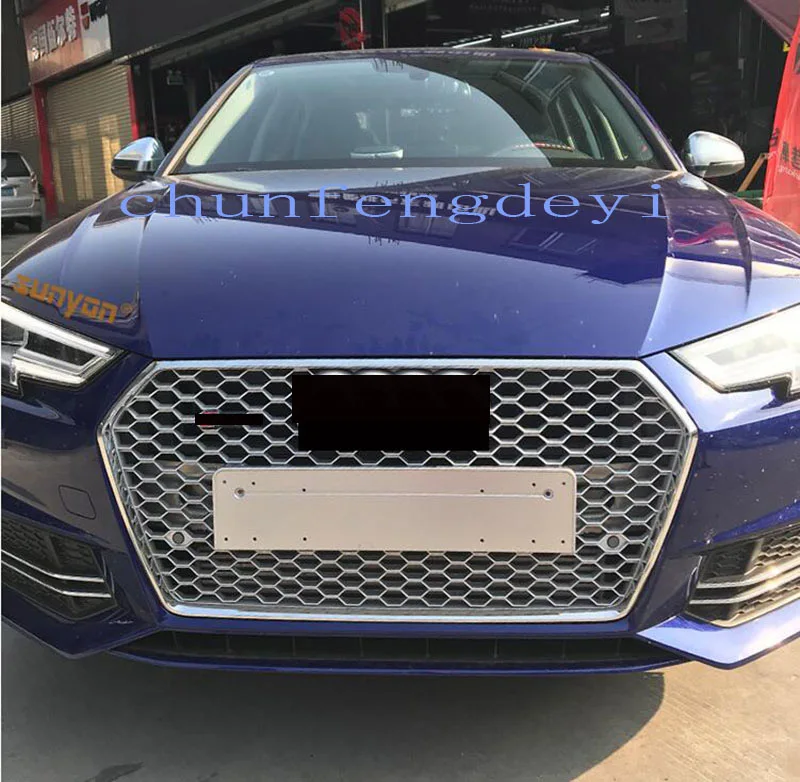 RS4 style Honeycomb Silver Grill Grille For Audi A4 S4 B9 2017 17 2018 18 2019 19 Chorme Trim Rings