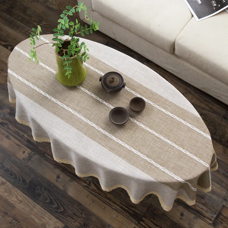 Cotton and Linen Oval Tablecloth Tea Table Striped Tablecloth Lace Coffee Tea Table Cloth Modern Nordic Table Cover Decoration