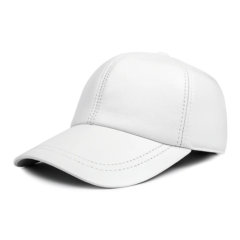 Men Genuine Leather Baseball Caps Women White/Red Simple Casual Dome Hat Male 55-58 cm Ajustable Chapeau Hockey Gorra Big Brim