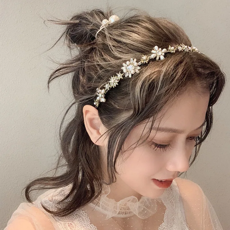 Vintage Full Pearl Thin Headbands Hair Hoops Retro Colorful Crystal Flower Pearl Water Drop Hair Accessories Headbands Wholesale