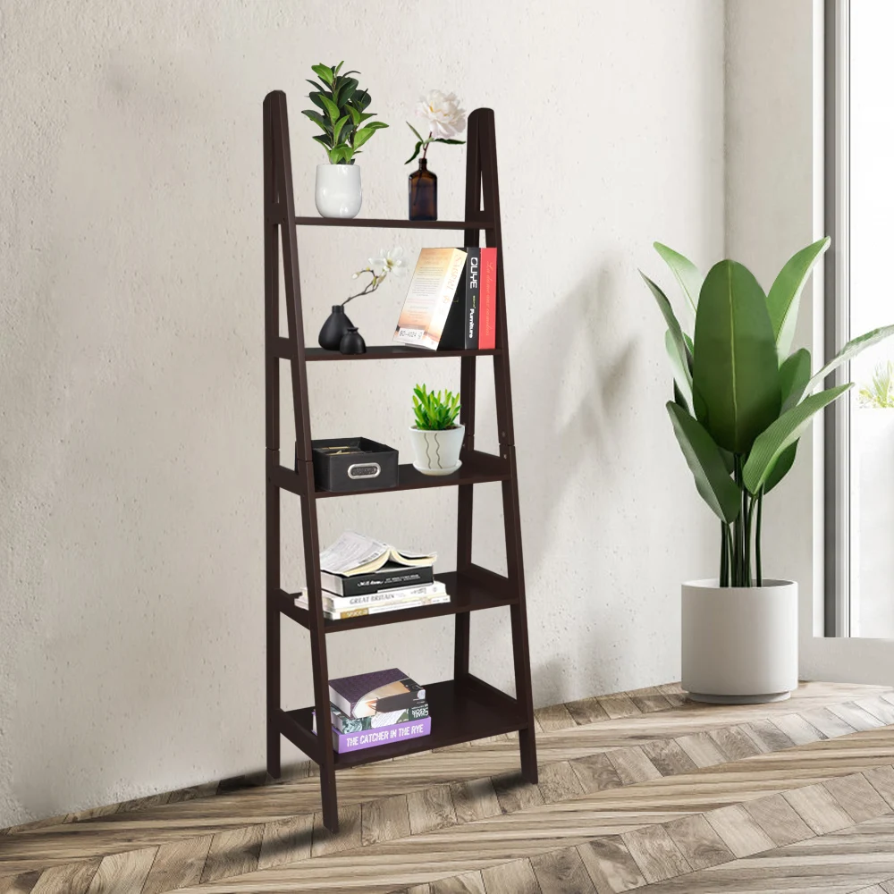 Ladder Shelf  5-Tier Multifunctional Modern Wood Plant Flower Book Display Shelf  Home Office Storage Rack Bookcase Shelf’