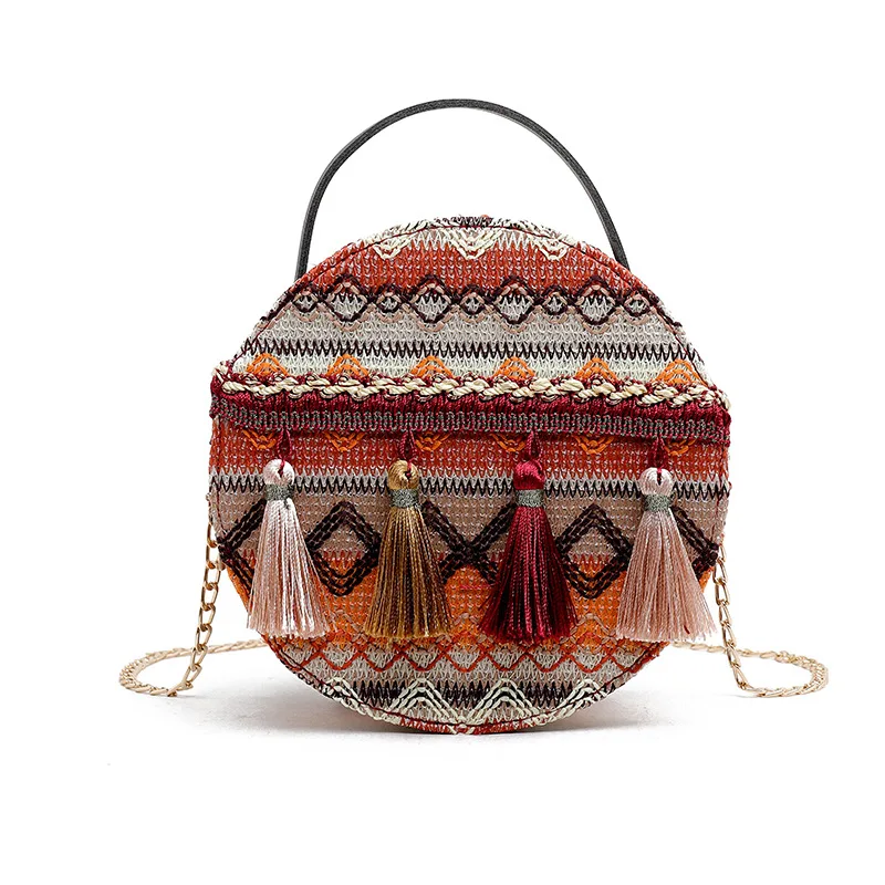 New Trendy Ethnic Style Woolen Cloth Portable Chain Mini Round Bag Fairy Tassel One-shoulder Messenger Bag