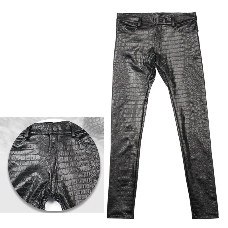 Fad Men Pencil Pants 3 D Intaglio Printing Crocodile Grain Legging PU Leather Casual Jean Boots Skinny Solid Motorcycle Trousers