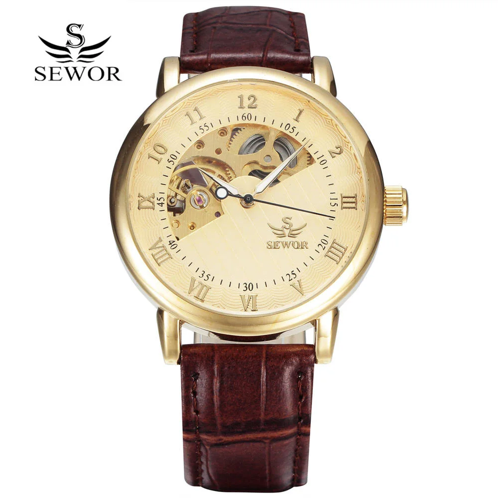 relogio masculino Luxury Brand SEWOR Men Watches Gold Skeleton Automatic Mechanical Watches Luxury Men Dress Watch Leather Strap