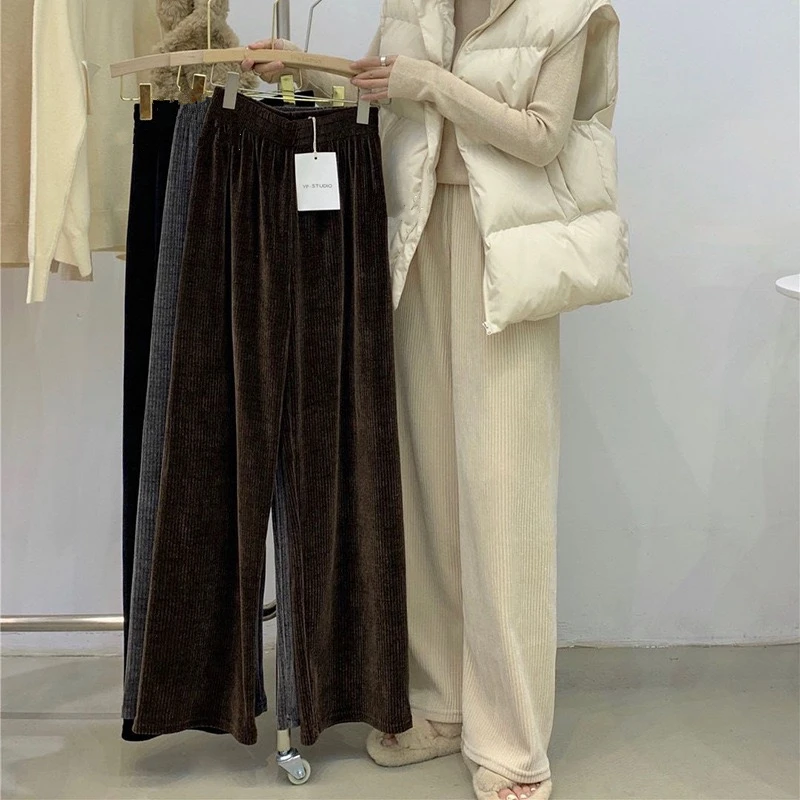 LMQ NEW 2020 Women Corduroy High Waist Elastic Band Straight Stretch Wide Leg Pants Loose Streetwear Fashion Solid Trousers