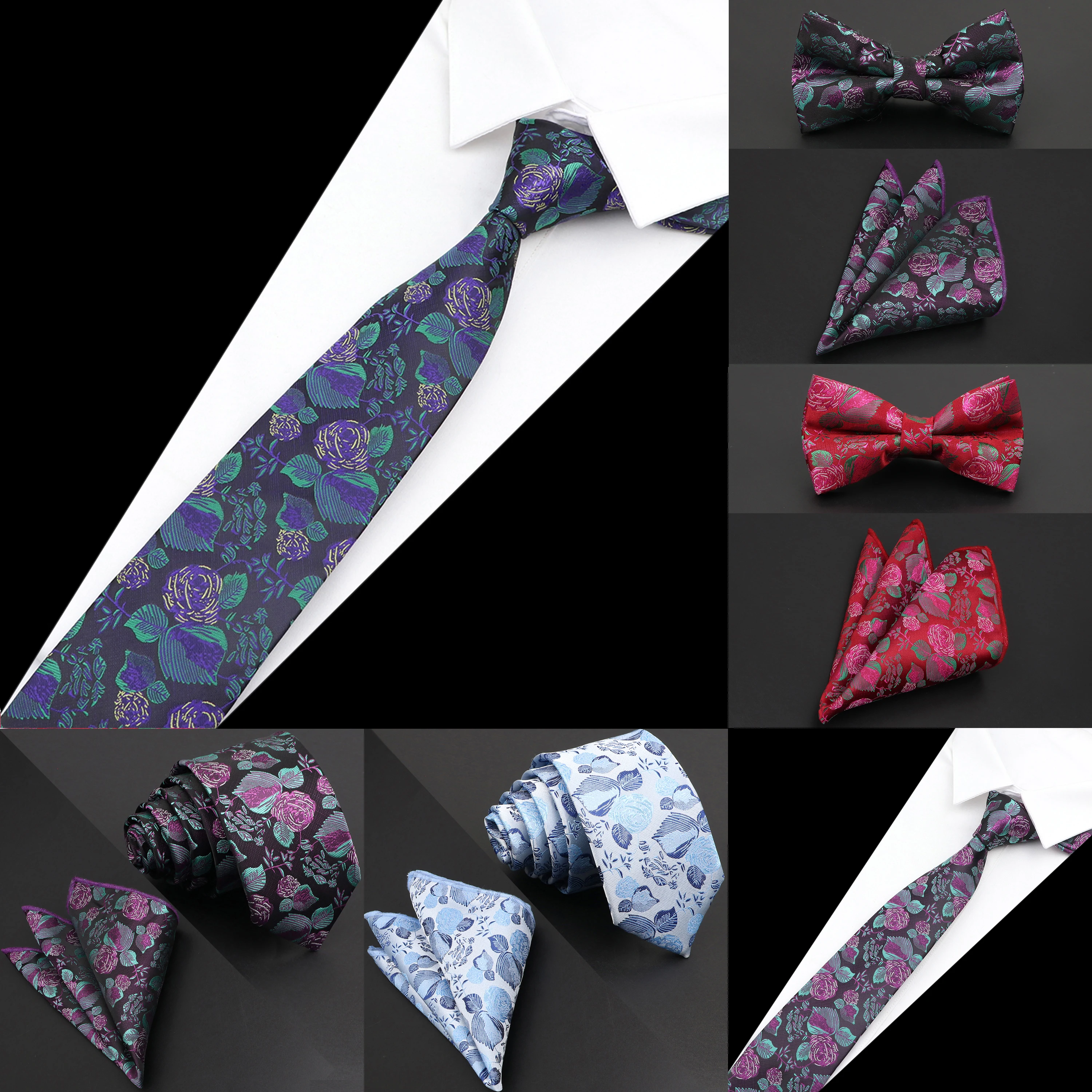 New Fashion Floral Tie Bowtie Set 6cm Business Black Red Quality Necktie Pocket Square For Wedding Party Meeting Accessories