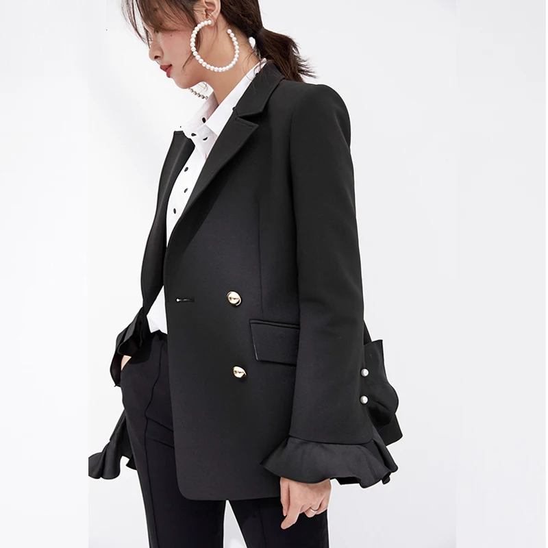 Autumn Fashion Black Ruffles ladies Blazer Asymmetry Patchwork Double breasted Women suit Loose Vintage jacket INKEO YO864