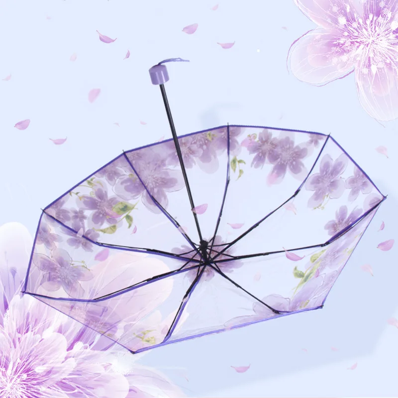 Thicken Transparent Three Fold Cherry Blossom Rain Umbrella Plastic PVC Clear Falbala Waterproof Umbrellas Women parapluie