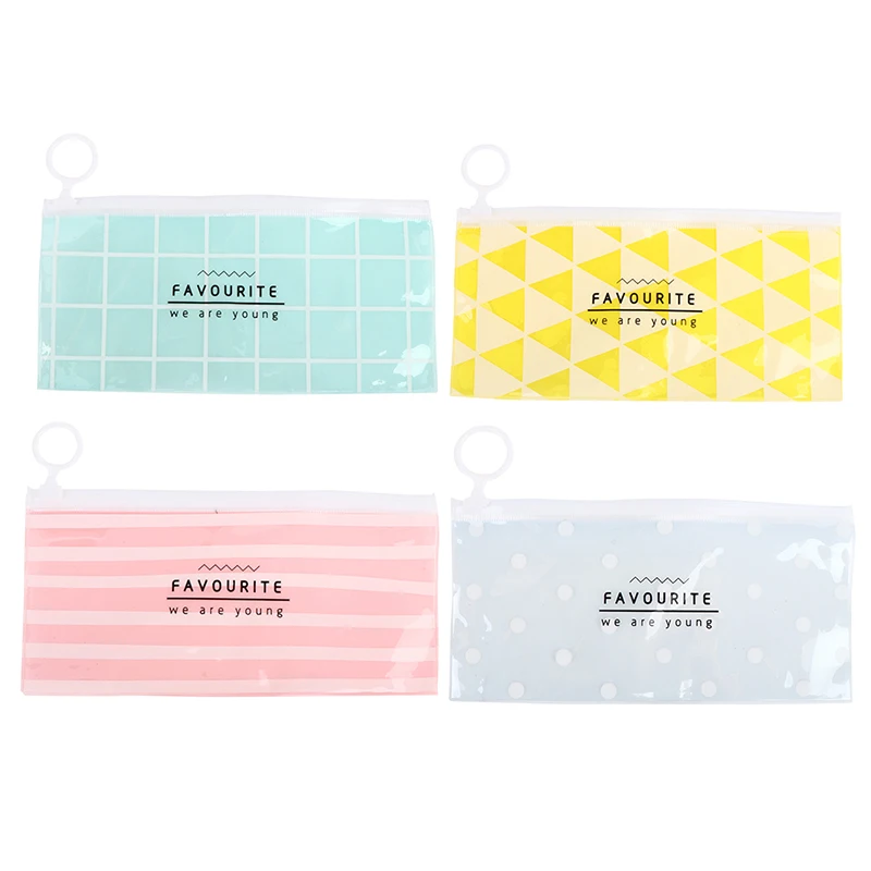 Kawaii Grid Stripe PVC Waterproof Pencil Bag Cute Colored Clear Pen Cases Transparent School Pencil Case For Girls Stationery