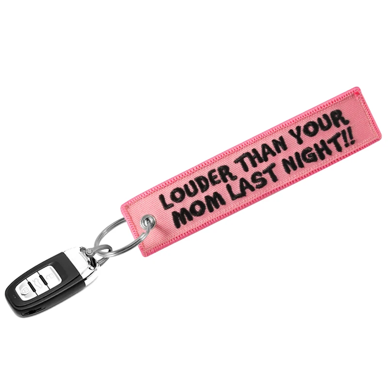 5PCS Car Motorcycle Keychain Letter Embroidery Pink Pendant LOUDER THAN YOUR MOM LAST NIGHT Key Ring Gifts For Christmas