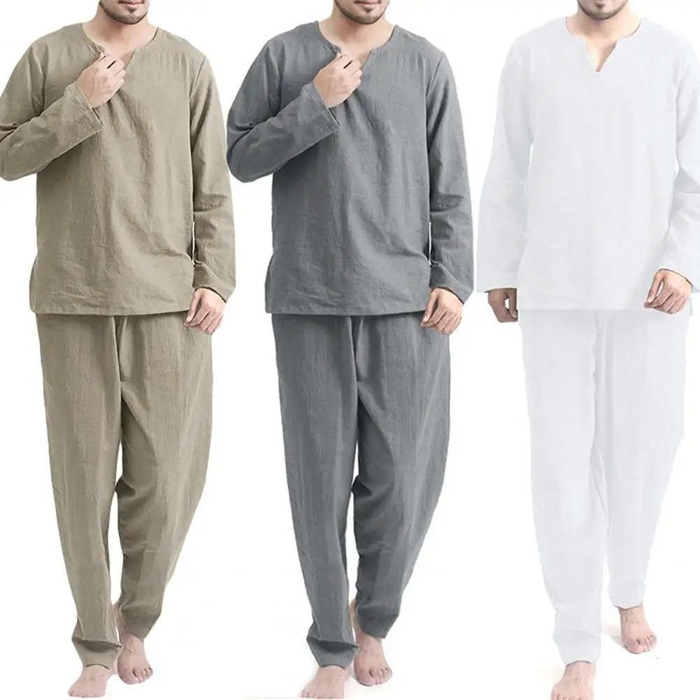 2pcs/Set Pajama Sets Men Solid Color Long Sleeve Pullovers Top Elastic Waist Pant Pijamas Male Sleepwear Nightwear pyjama homme