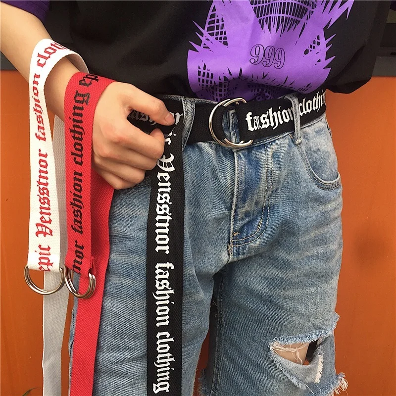 

Harajuku Unisex Canvas Belts Fashion Designer Metal Double Ring Buckle Wide Waist Band Letter Decoration Jeans Belts