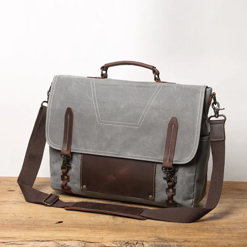 15.6‘’ Laptop Bag Male Shoulder Crossbody School Bags Vintage England Style Patchwork Canvas Leather Business Briefcases Satchel