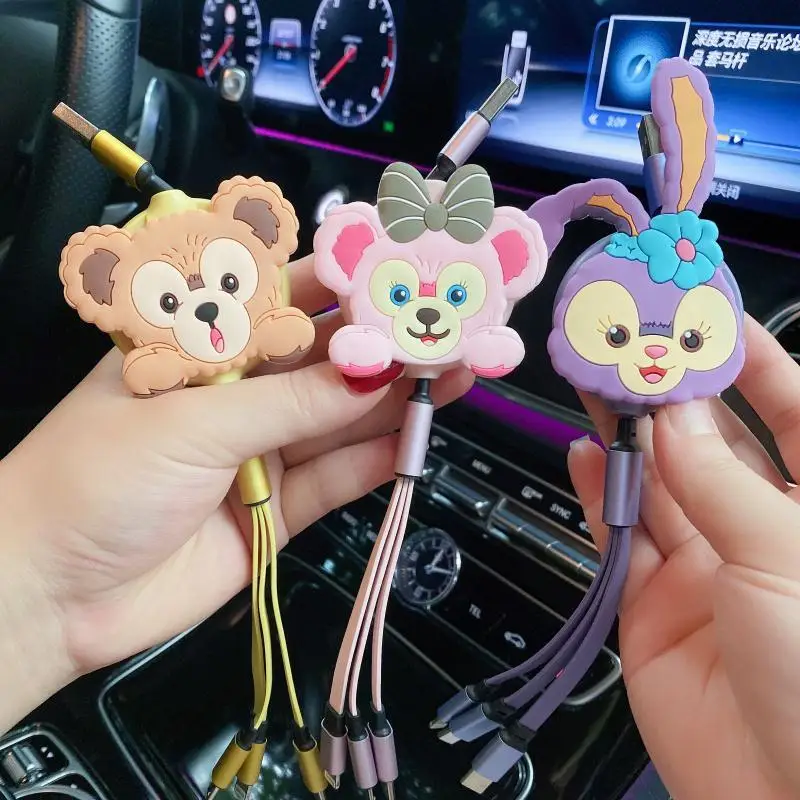 Disney Duffy Bear One-to-one Three-in-one Car Data Cable Charger Multi-function Car Fast Charger for IPHOEN Type-c Android