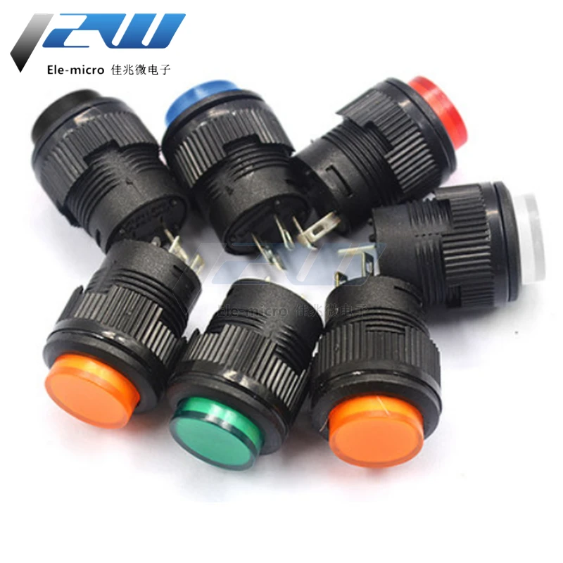 5pcs R16-503 push button switch with light, jog reset, self-locking switch, round red, green and yellow 4 PIN 2 pin 16MM