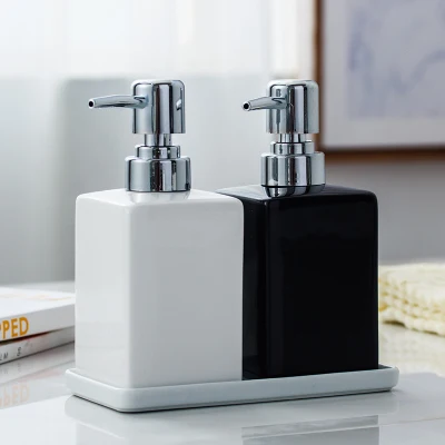 320 ml keramische emulsie dispenser wit zwarte fles hotel douchegel handdesinfecterend fles met bamboe lade voor keuken
