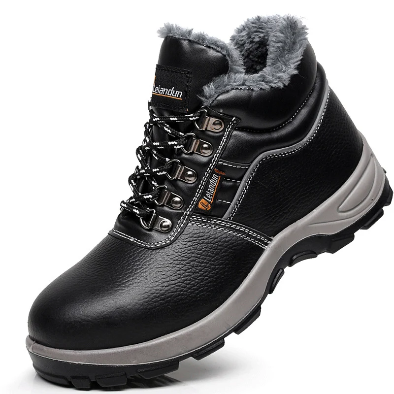 men's casual warm cotton steel toe caps work safety boots worker genuine leather fur safe shoes winter security ankle botas mans