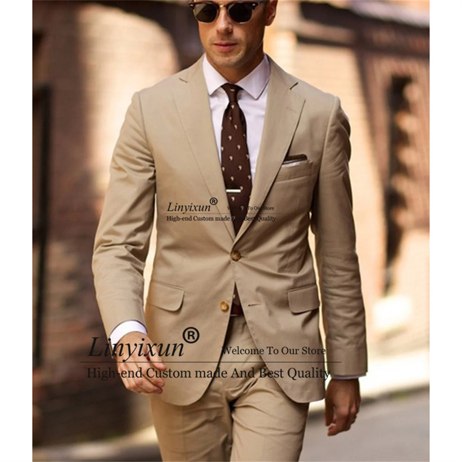 

Beige Slim Fit Wedding Mens Suits for Dinner Party Groom Tuxedos 2 Pieces Jacket Pants Set Male Fashion Blazer Terno Masculino