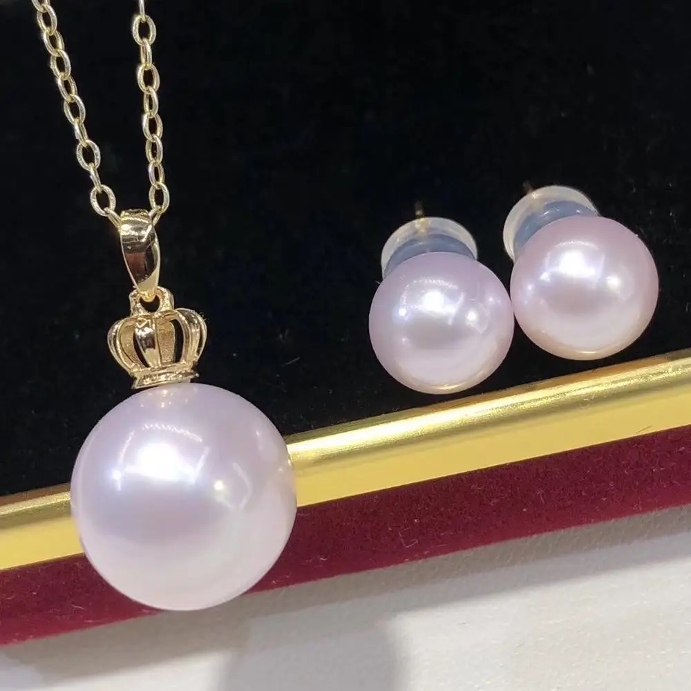 

D527 Pearl Set Fine Jewelry Solid 18K Gold Rond 8-12mm Nature Fresh Water Sakura Pink Pearls Jewelry Sets for Women Presents