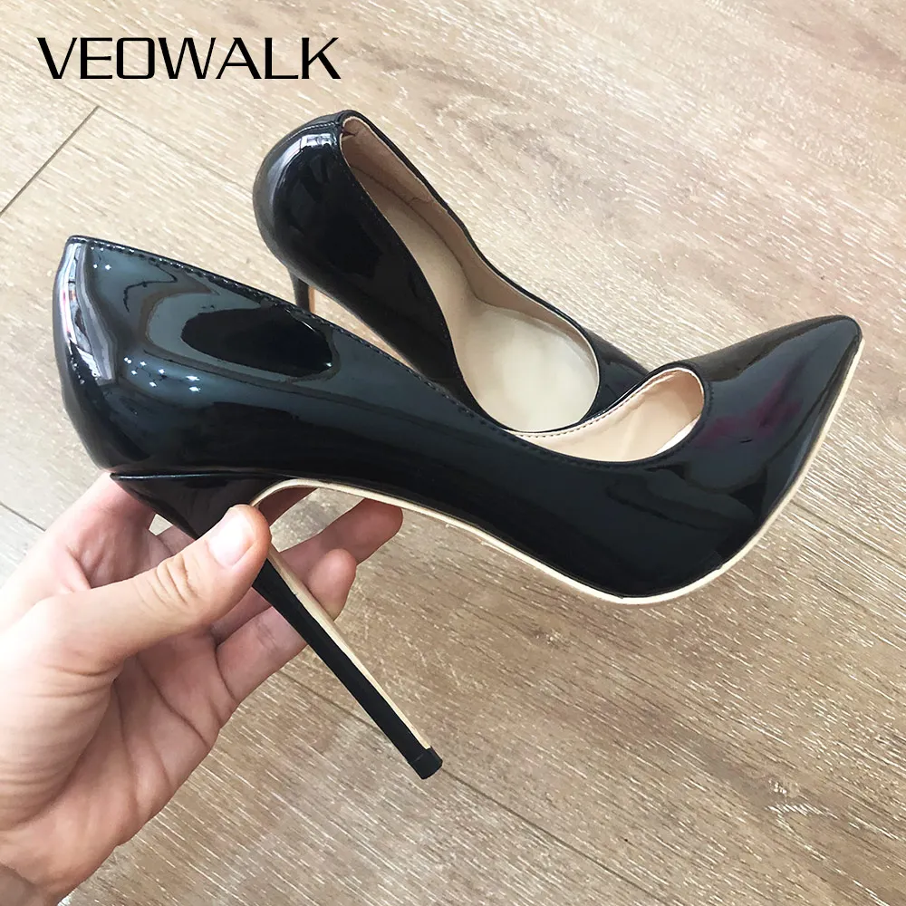Veowalk Solid Black Women 12cm High Heels Slip On Pointed Toe Glossy Stilettos Pumps Elegant Ladies Formal Dress Shoes