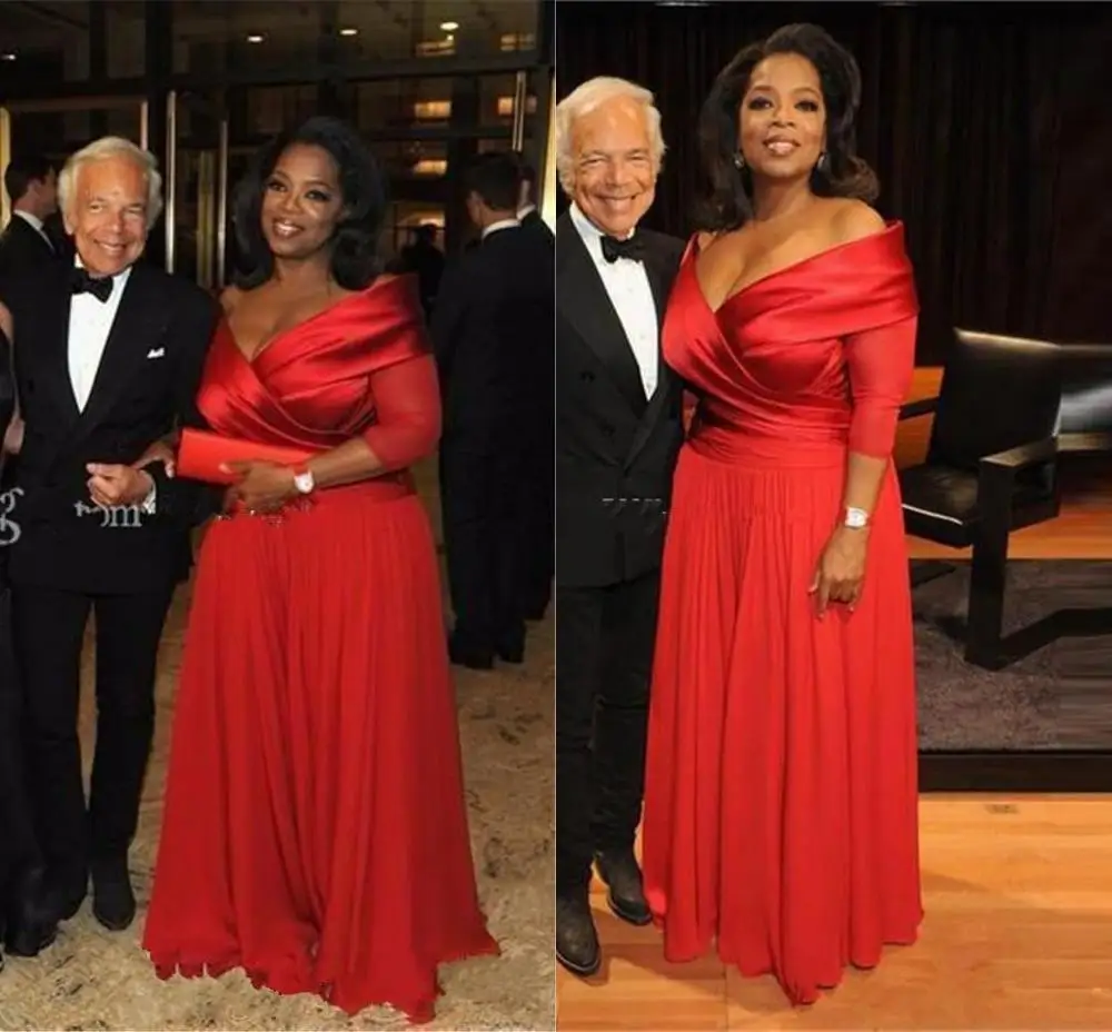 Oprah Winfrey Off Shoulder Mother of The Bride Dresses with Half Sleeve customsized Ruched Red Chiffon Mother Occasion Gown