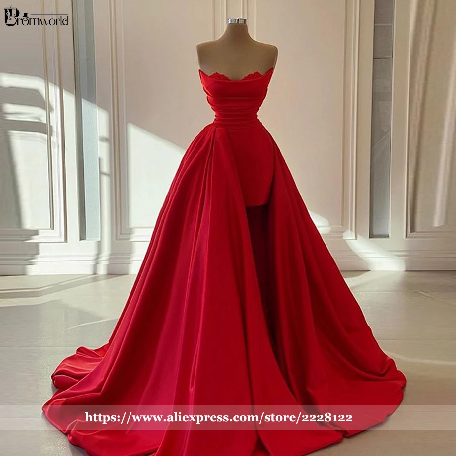 Red Long Evening Gowns 2024 New Detachable Train Formal Dresses Woman Party Night Sweetheart Satin Vestidos De Fiesta Prom Dress