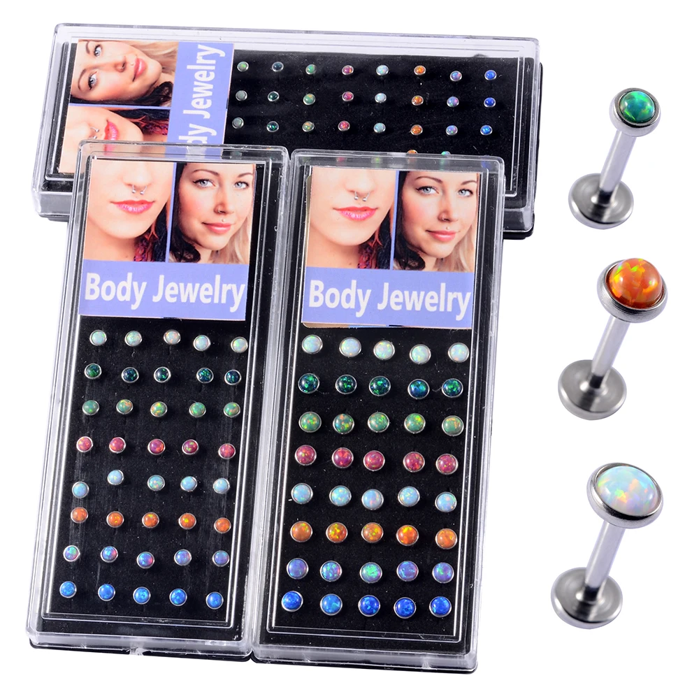 40Pcs/Box Surgical Steel Opal Stone Ball Monroe Lip Labret Ear Stud Ring Internally Thread Cartilage Piercing Body Jewelry 16G