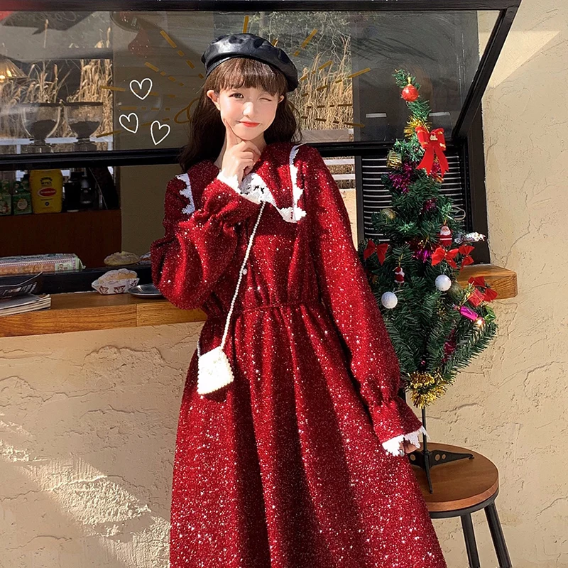 Japanese-Style Retro Sweet Doll Collar Red Christmas Long Sleeve Dress Women Mid-Length Autumn and Winter sweet lolita dress