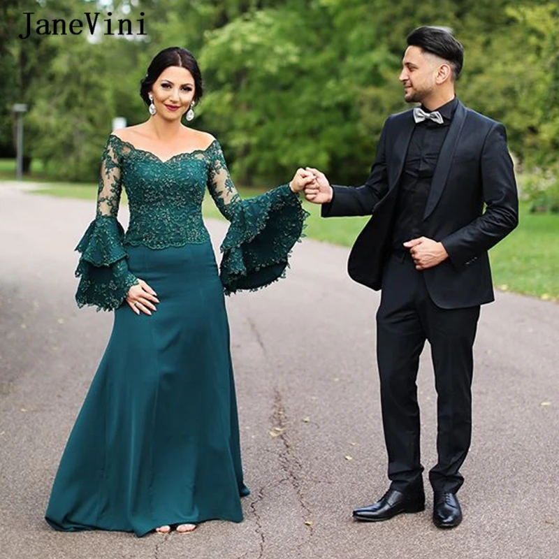 JaneVini – robe de soirée en Satin pour femmes, tenue de soirée de standing, style sirène, dentelle, volants, manches longues, perles appliquées, vert foncé, dubaï, 2020